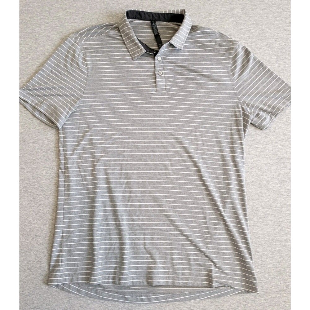 Lululemon Men's Polo Shirt XL Gray Striped Wicking Athleisure Short Sleeve